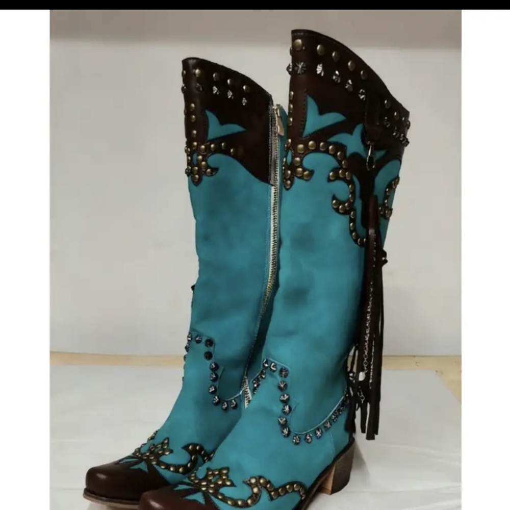 Studded Blue and Brown Women's Boots